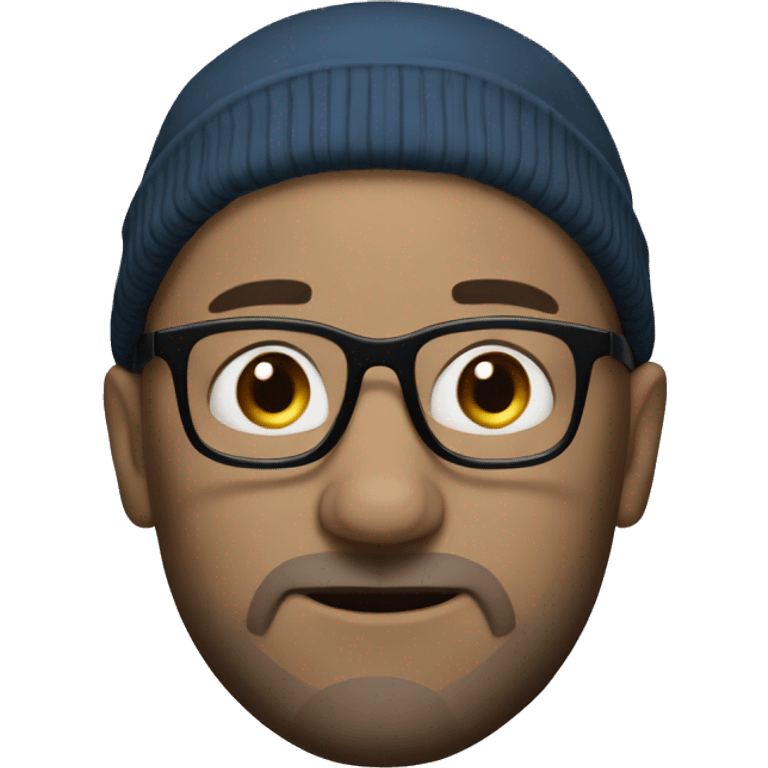 45 year old bald guy with blue eyes, black glasses and a beanie emoji