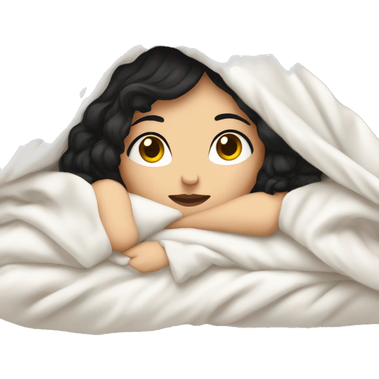 Pale Girl with black hair  laying down cozy in a white blanket emoji