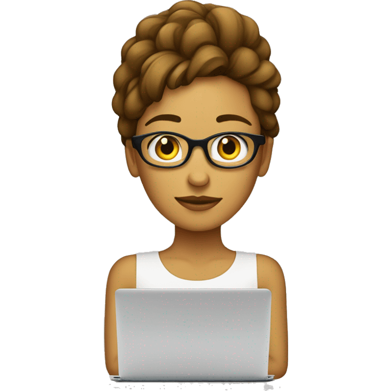 chica con lentes, rostro claro pelo castaño oscuro  ondulado largo ocn laptop emoji