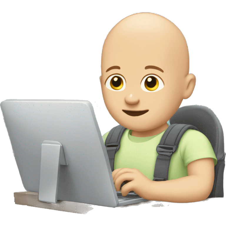 bald man wearing a baby in a baby carrier typing on computer emoji