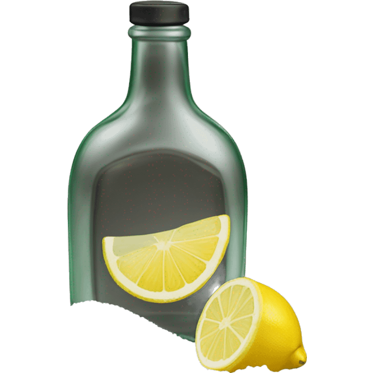 A bottle of white liquid (which is tequila) and next to ir a slice of lemon and salt emoji