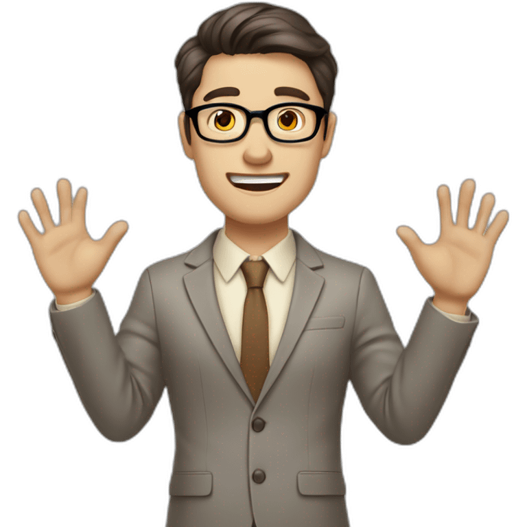 To belt Actively gesturing with hands Pale skinned fit man with dark brown hair in gray jacket, beige office shirt, brown tie, brown pants and vintage glasses. emoji