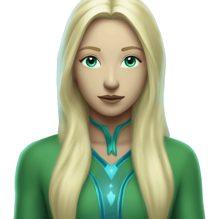 nordic pleiadian in green clothing with thin face long blonde hair and blue eyes emoji