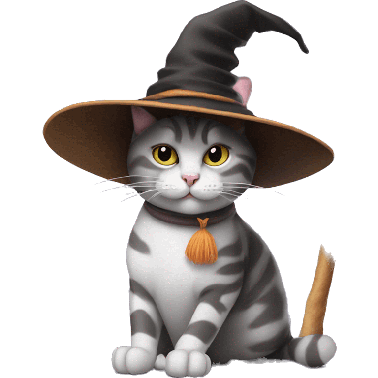 Cat with a witch hat while having a long smoke stick like a chic witch cat emoji