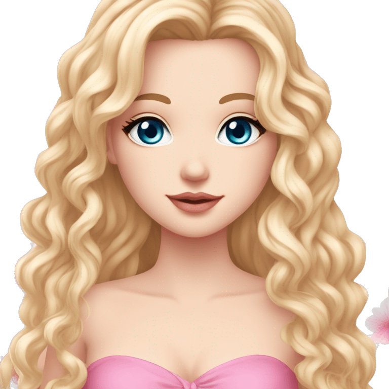 White girl 🧝🏻‍♀️, blue eyes, blond very long curly hair, pink lips, pink sexy dress. Background long. Sakura emoji