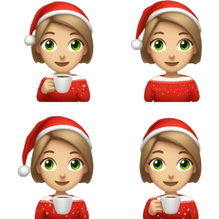 Light brown short haired girl with green eyes drinking coffee wearing red Christmas sweater emoji