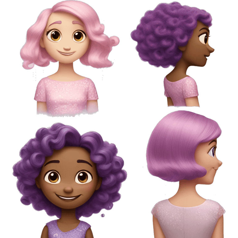 personagem da pixar do filme “Inside Out”. Cabelo encaracolado em dois tons pastel: rosa do lado esquerdo e Lilás do lado direito. A menina está usando um vestido rosa claro com detalhes de flores brancas na barra e calçando tênis rosa brilhante. emoji