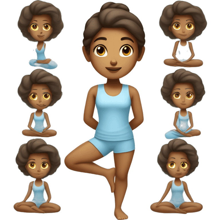 Caramel skin yoga girl wearing light blue clothes in yoga position dark brown eyes  emoji