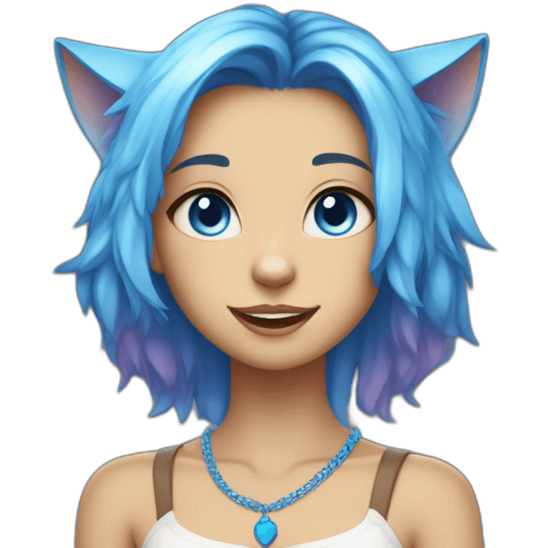 Tan skinned cat girl with blue hair, cat ears, white top, blue necklace and blue eyes emoji