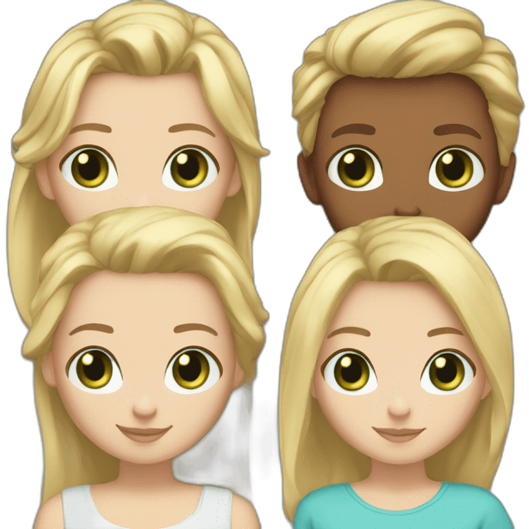 2 boys blonde hair blue eyes 2 girls blond hair blue eyes one man blond hair blue eyes one woman brown hair green eyes, white skin emoji