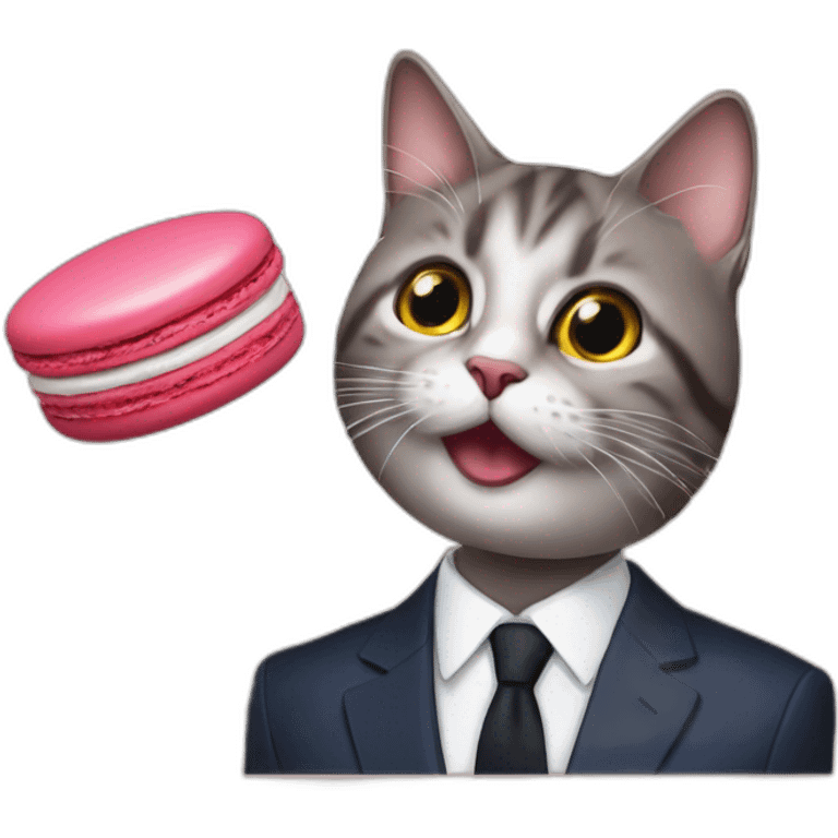 Chat sur tête macron qui mange  un macaron emoji