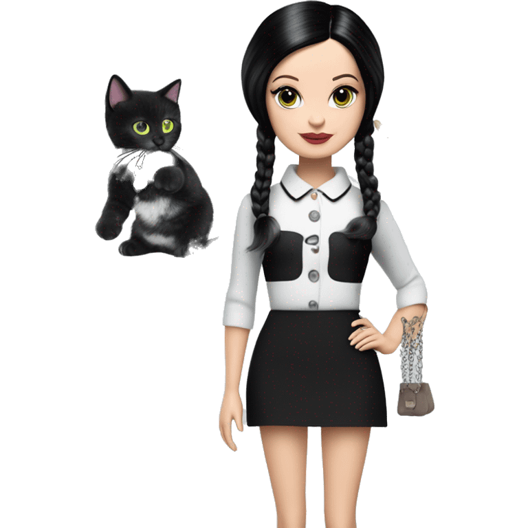 Check Please Francie doll. Wednesday Addams. Mini-skirt, pumps, bracelet, earrings, handbag, hose, Cuddling up with Slippers the kitten. hat emoji