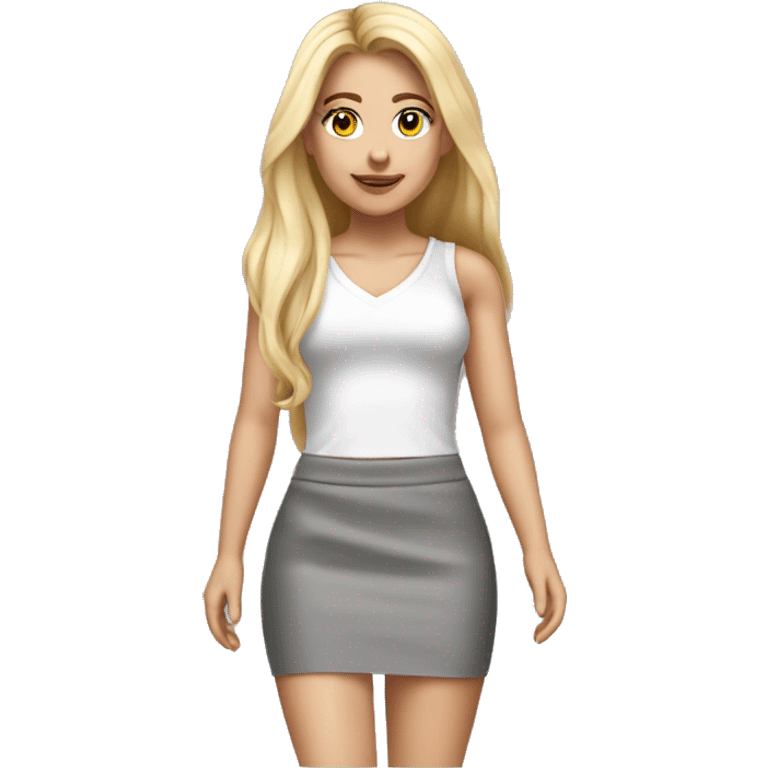 realistic caucasian blonde, long straight hair, white deep v-neck crop tanktop, gray tight mini skirt, walking body view emoji