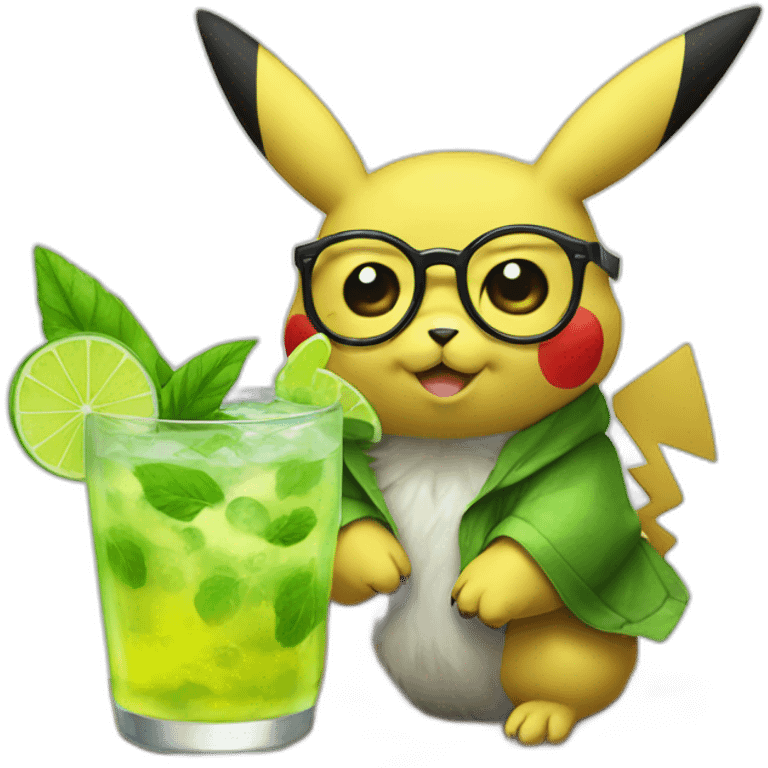 sick pikachu with glasses drinking mojito emoji