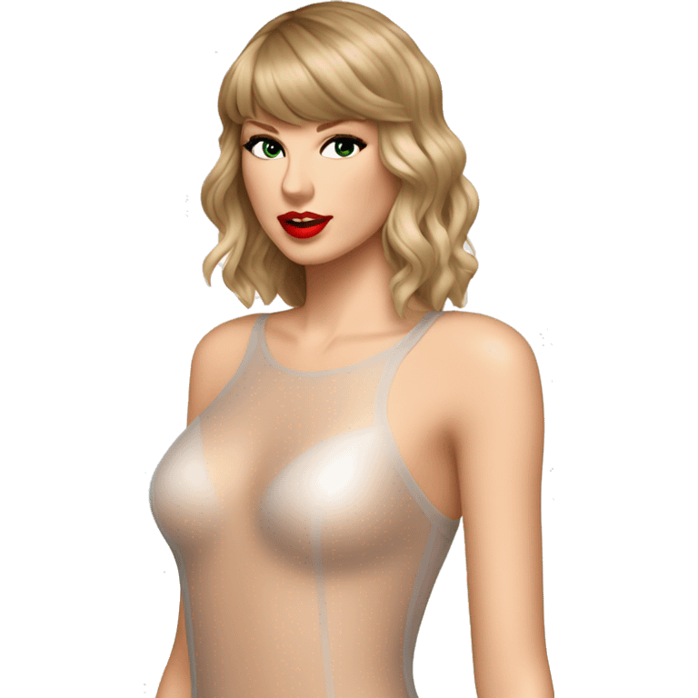 Taylor swift in a flush translucent bodysuit looking left lower third emoji