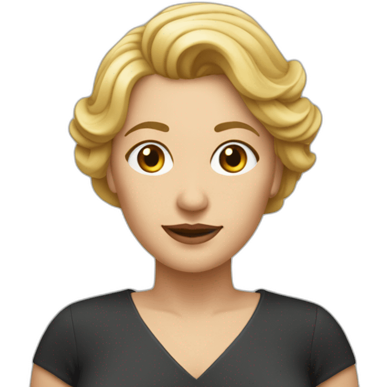 Mujer de 54 años elegante con  pelo muy corto rubio pensando emoji