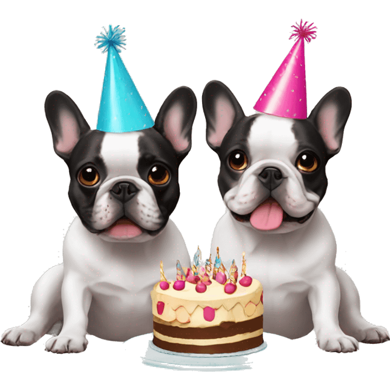 two french bulldogs birthday hats and cake emoji