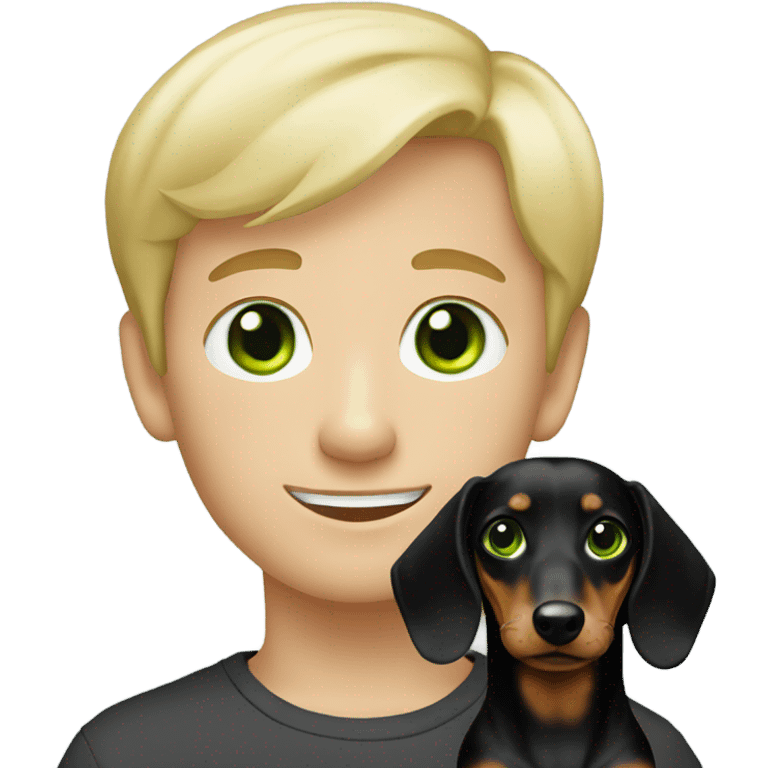 Green eyes short blonde hair boy with long black haired dachshund emoji