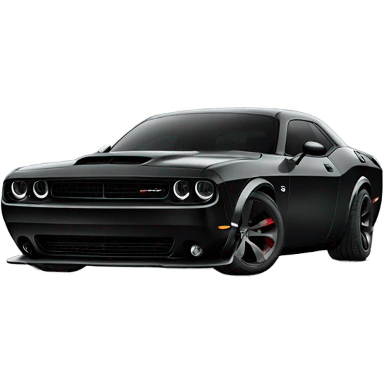 Front view of a black dodge challenger widebody with a shaker hood emoji