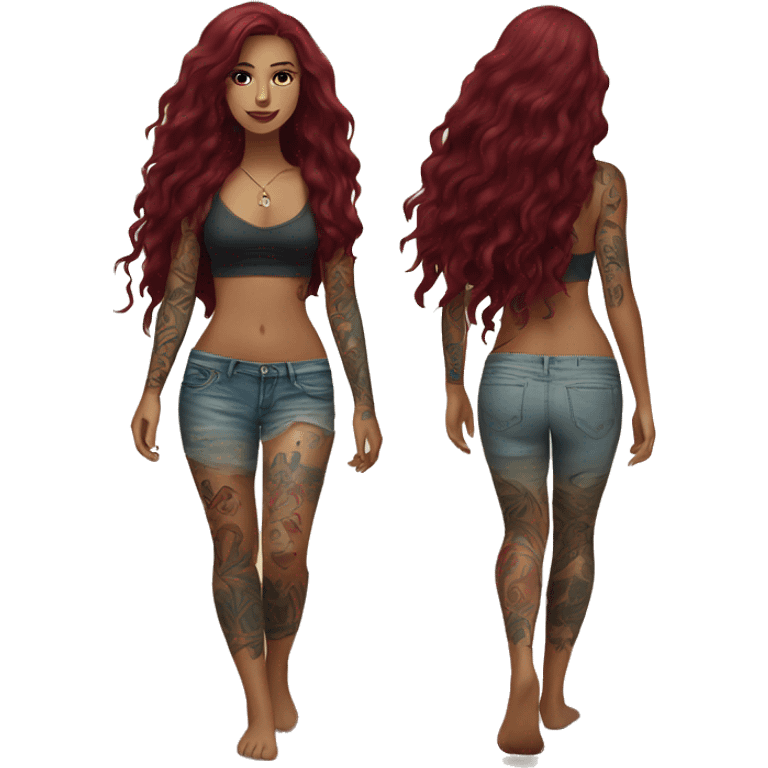 Beautiful tattooed  burgundy long haired woman walking on the beach emoji