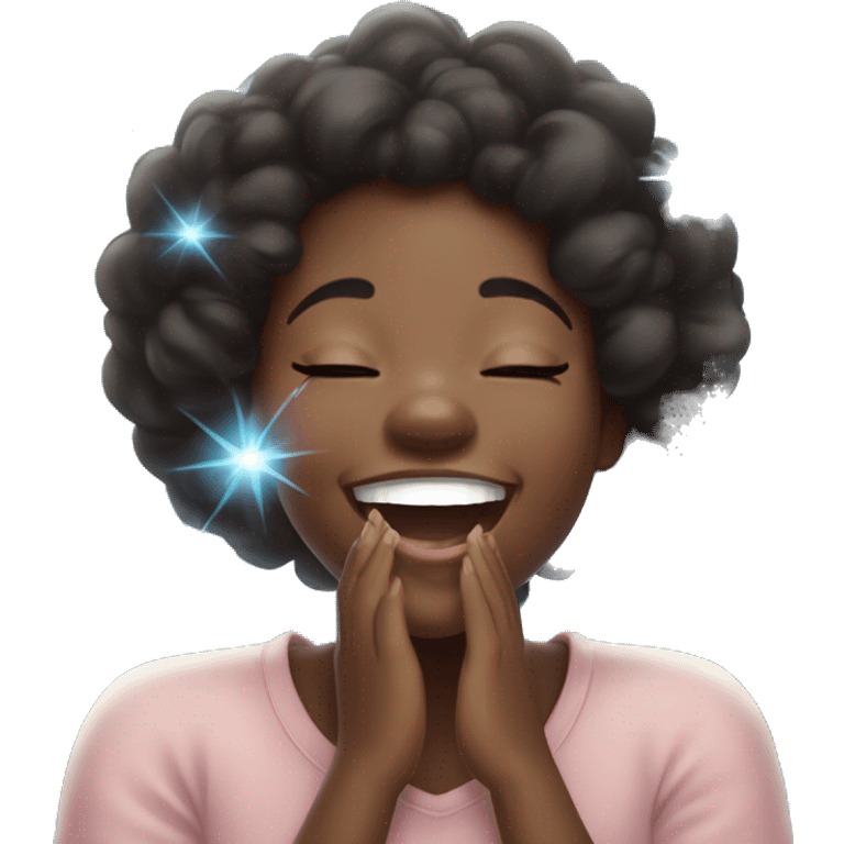 A cute, cheerful black girl laughing, covering her mouth and eyes closed in joy, surrounded by light blue sparkles emoji