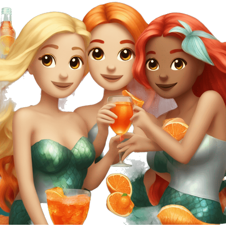 Three beautiful mermaids (one blond, one brown and one red hair) drinking aperol emoji