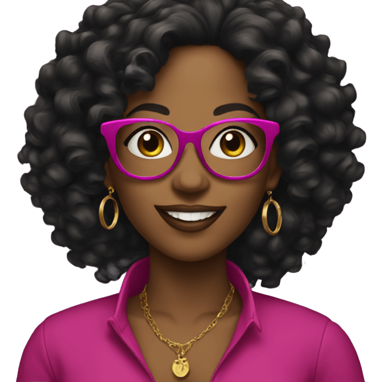 black women with earrings with fuchsia glasses with long black curly hair happy emoji