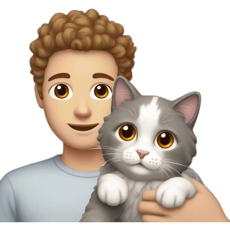 White man with brown curly hair, brown eyes, thick eyebrows, sharp jawline, bigger nose holding white and grey Ragdoll cat emoji