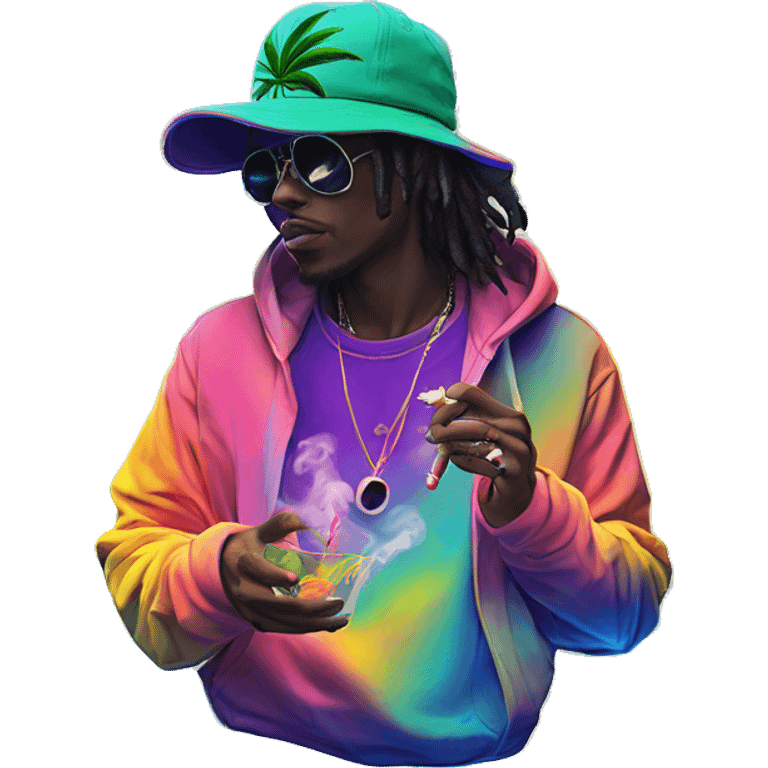 Hemp leaves Multicoloured neon person smoking wearing hoodie dancing hip hop bucket hat tropical Skater fashion aesthetic baggy clothes graphic t shirt 420 emoji