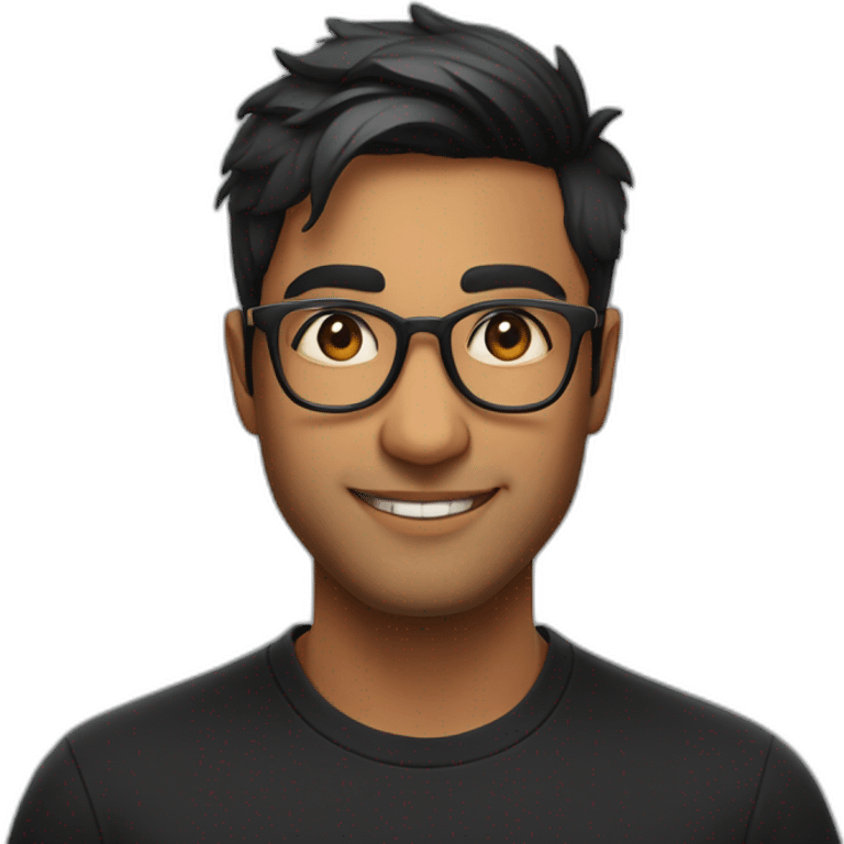 25 year old indian creator economy startup founder smiling wearing glasses in a black tshirt with broad shoulders profile photo emoji