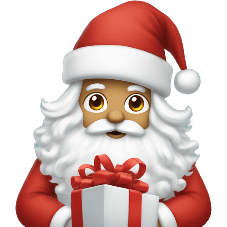 “An adorable full-body Santa in a red suit, fluffy white beard, rosy cheeks, big eyes, and a red hat with a white pom-pom, holding a small gift.” emoji