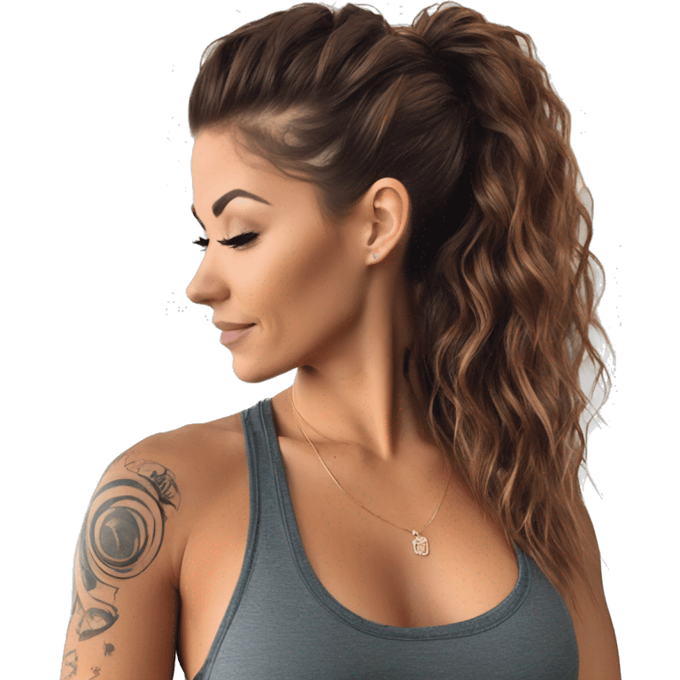 Fitness mulher cabelo castanho tatuada piercing nariz magra olhos castanhos  emoji