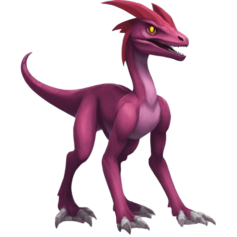 Mauve-maroon-red-violet-colored edgy anthro-genesect-velociraptor-scalie-sona-Fakémon-hybrid with a mane on head and back and horns full body emoji