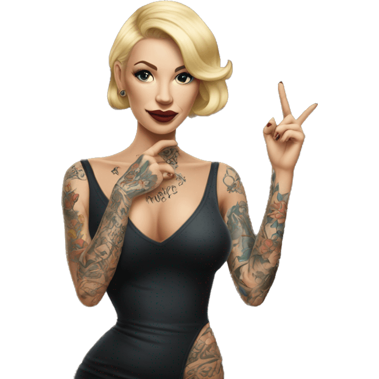 Blonde elegant women, her Body Covered with Tattoos, POINTING YOU with her HAND , Hyper realistic emoji