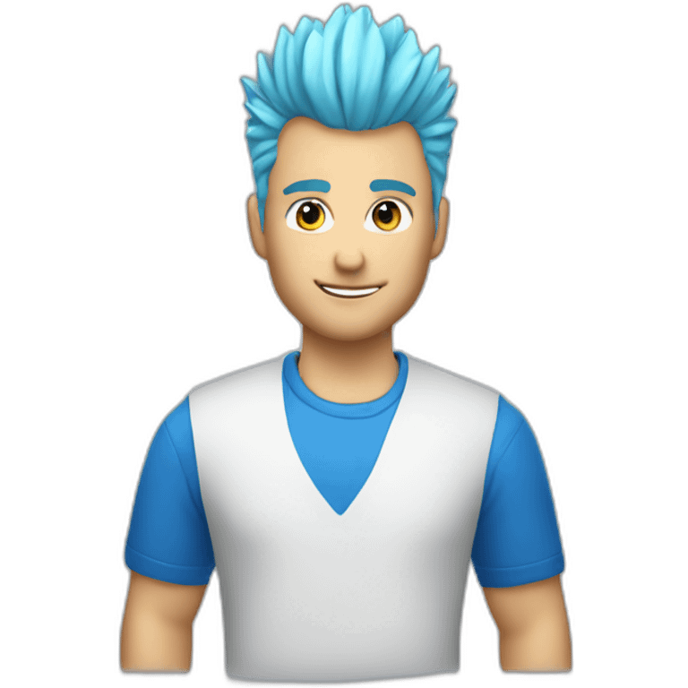 Blonde haired male wearing blue Apple shirt with faux hawk hair working in QA emoji