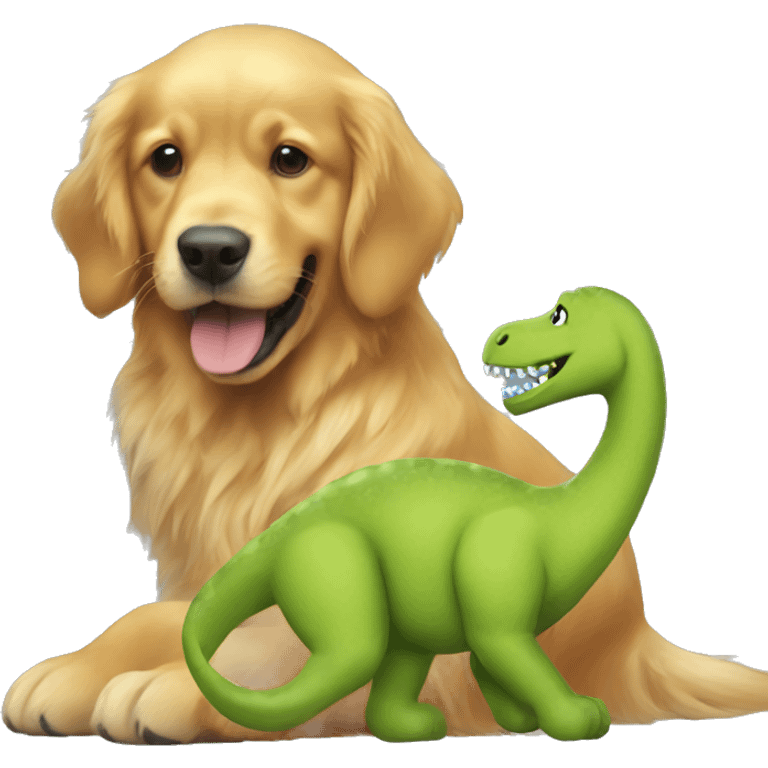 A golden retriever playing with a big dinosaur stuffed animal emoji