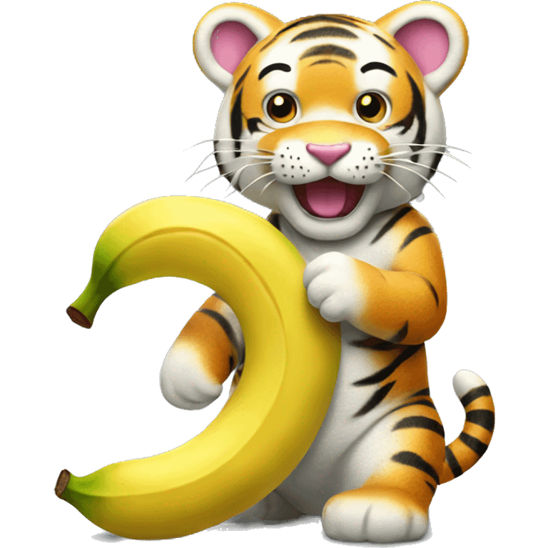 Happy tiger eating a banana with hello kitty emoji