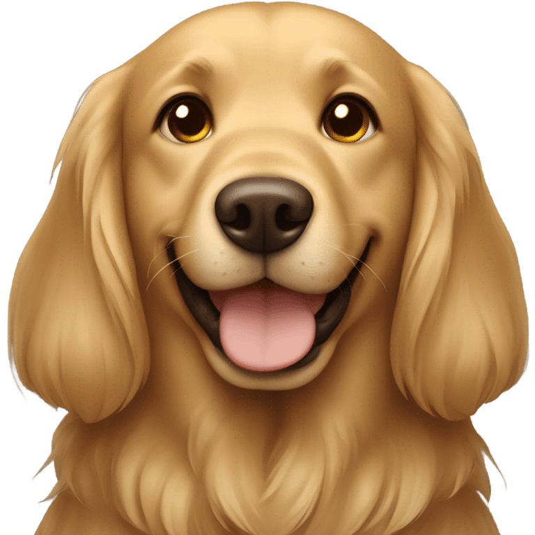 Smiling girl with long brown hair with a shaggy golden Labrador dog with brown eyes emoji