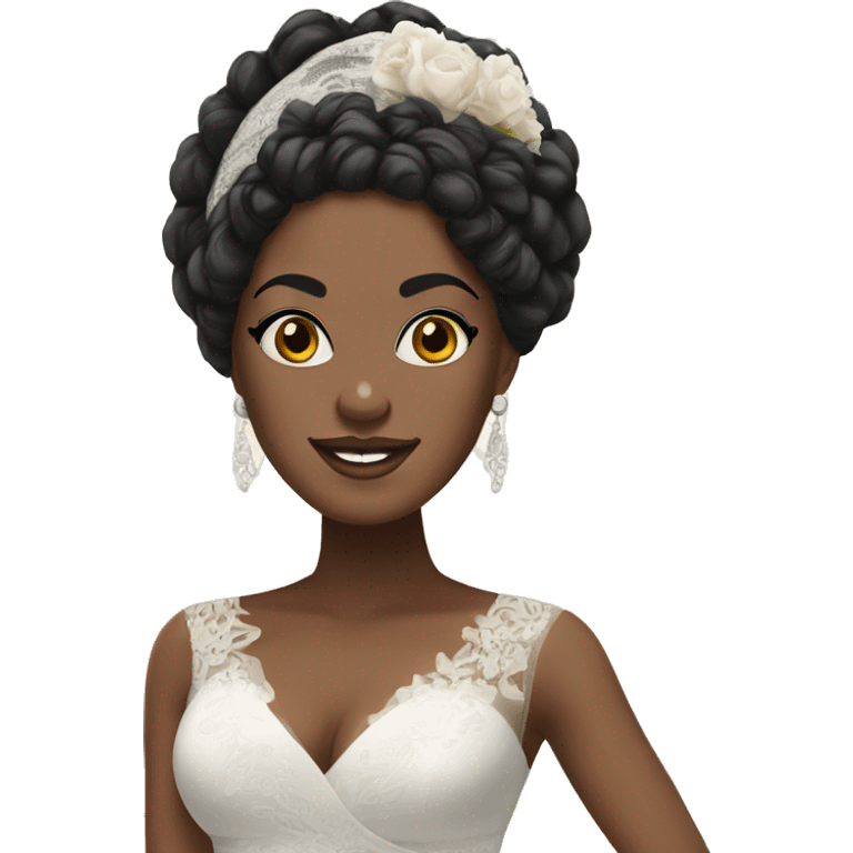 Bride with black curly hair wearing African head wrap and African dress emoji