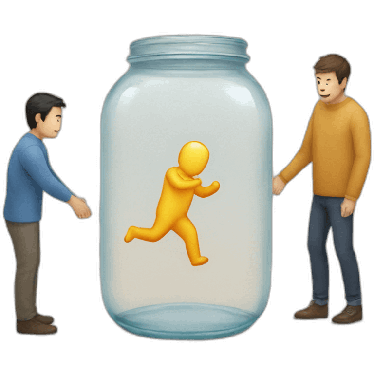 a glass jar standing on the floor between two man's feet emoji