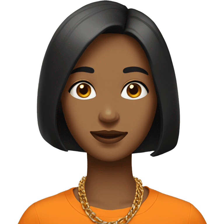 Woman wearing gold necklaces with long black bob with orange tshirt emoji