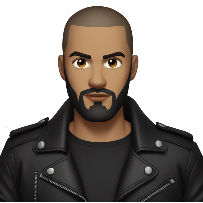 young man with very short dark brown hair and beard,buzzcut,  cool outfit, black leather jacket and black shirt underneath, evil look, angry look emoji