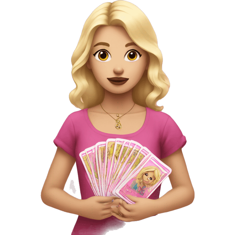 Blonde girl with pink tarot cards emoji