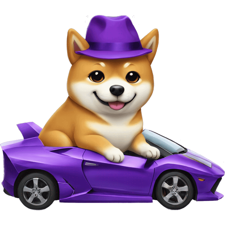 shiba inu with purple hat, sitting on top of a purple Lamborghini  emoji