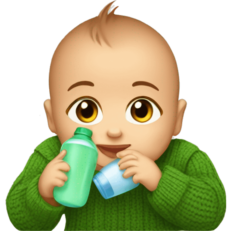 a 2 month old baby with a green sweater and brown eyes drinks his bottle emoji