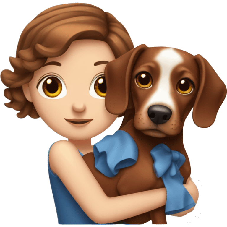 White girl with brown hair and blue eyes holding a red dachshund  emoji