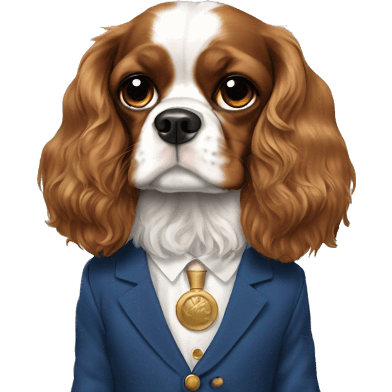 King Charles spaniel with long ears wearing a blue suit with gold buttons  emoji