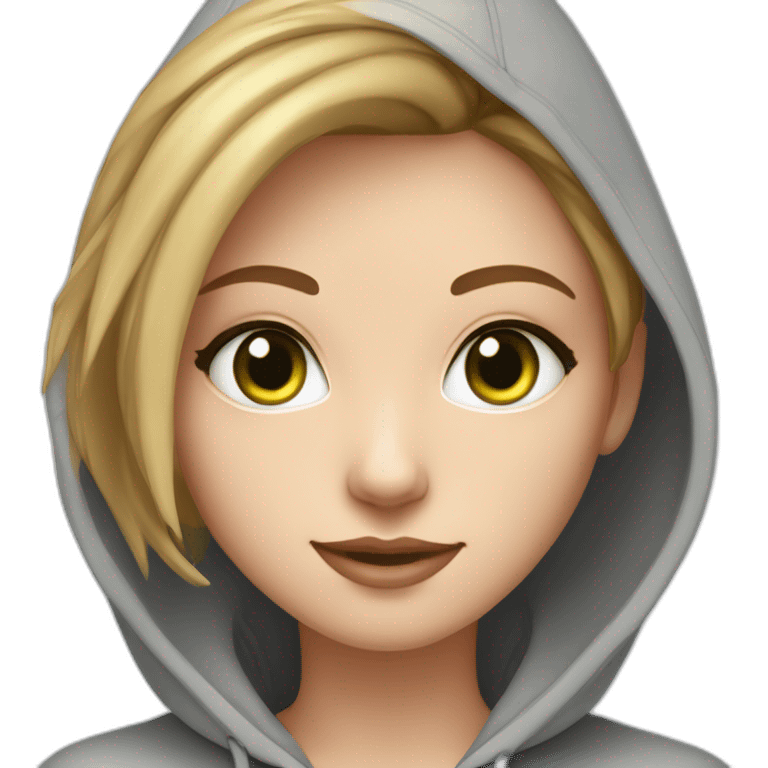 beautiful girl with computer,green eyes,beautiful girl with short read hair with computer,blue eyes,white skin, makeup, hoodie,short light-brown hair,code in background emoji