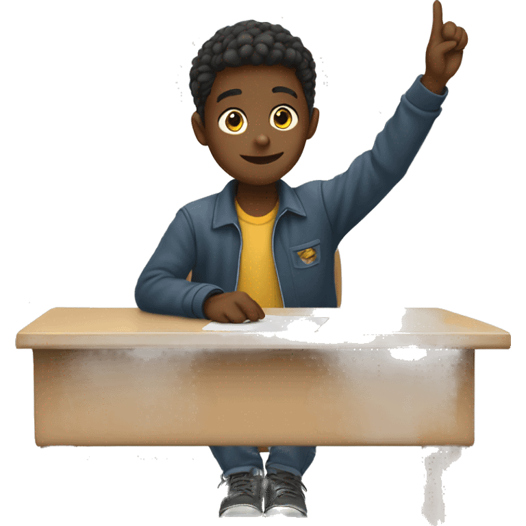 boy is sitting at school desk, hand is raised emoji