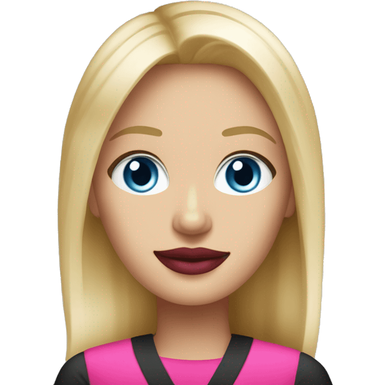 blonde blue eyed t mobile employee, black and pink outfit, t mobile employee, red lipstick emoji